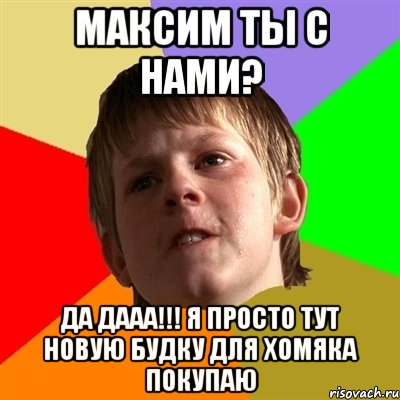 максим ты с нами? да дааа!!! я просто тут новую будку для хомяка покупаю, Мем Злой школьник