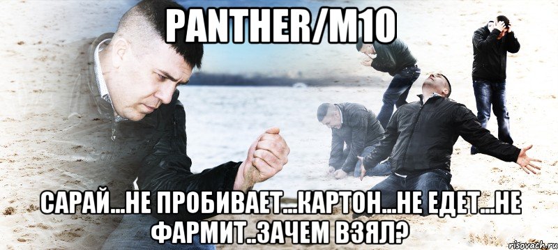 panther/m10 сарай...не пробивает...картон...не едет...не фармит..зачем взял?, Мем Мужик сыпет песок на пляже