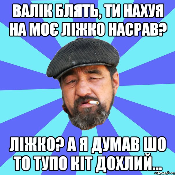 валік блять, ти нахуя на моє ліжко насрав? ліжко? а я думав шо то тупо кіт дохлий...