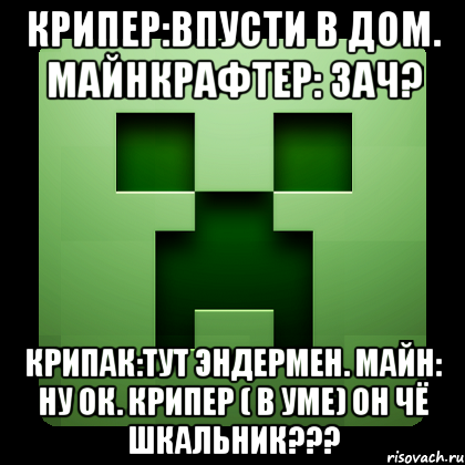 крипер:впусти в дом. майнкрафтер: зач? крипак:тут эндермен. майн: ну ок. крипер ( в уме) он чё шкальник???, Мем Creeper