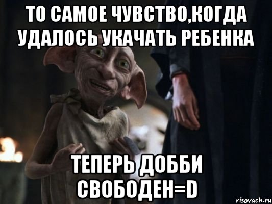 то самое чувство,когда удалось укачать ребенка теперь добби свободен=d, Мем   Добби