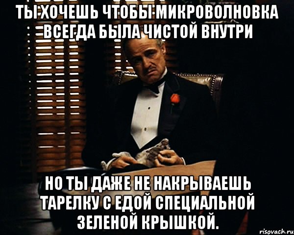 ты хочешь чтобы микроволновка всегда была чистой внутри но ты даже не накрываешь тарелку с едой специальной зеленой крышкой., Мем Дон Вито Корлеоне