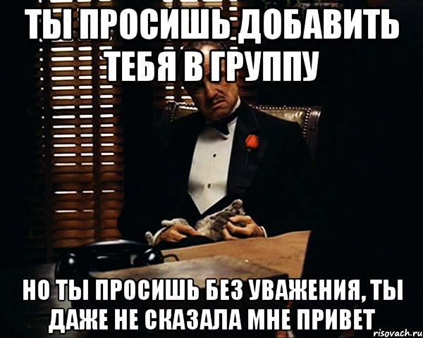 ты просишь добавить тебя в группу но ты просишь без уважения, ты даже не сказала мне привет, Мем Дон Вито Корлеоне