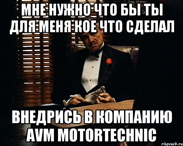 мне нужно что бы ты для меня кое что сделал внедрись в компанию avm motortechnic, Мем Дон Вито Корлеоне