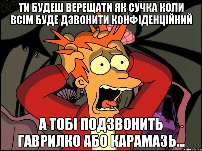 ти будеш верещати як сучка коли всім буде дзвонити конфіденційний а тобі подзвонить гаврилко або карамазь..., Мем Фрай в панике