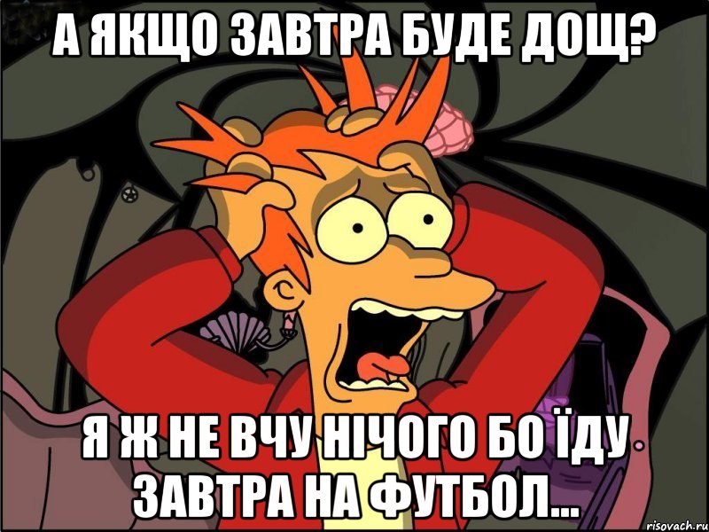 а якщо завтра буде дощ? я ж не вчу нічого бо їду завтра на футбол..., Мем Фрай в панике