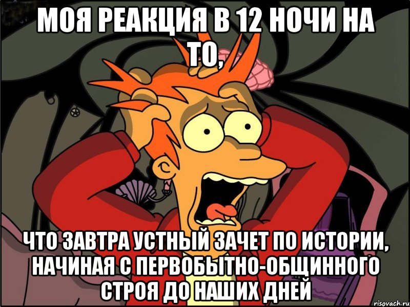 моя реакция в 12 ночи на то, что завтра устный зачет по истории, начиная с первобытно-общинного строя до наших дней, Мем Фрай в панике