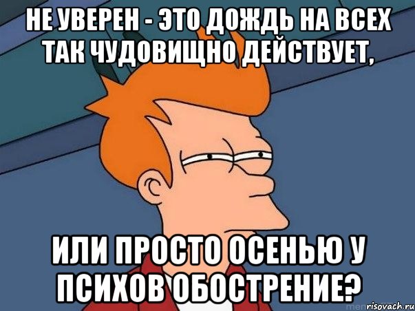 не уверен - это дождь на всех так чудовищно действует, или просто осенью у психов обострение?, Мем  Фрай (мне кажется или)