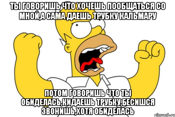 ты говоришь что хочешь пообщаться со мной,а сама даешь трубку кальмару потом говоришь что ты обиделась,кидаешь трубку,бесишся звонишь,хотя обиделась, Мем Разъяренный Гомер