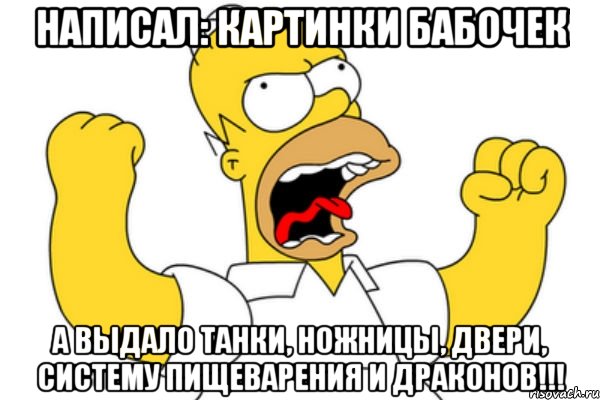 написал: картинки бабочек а выдало танки, ножницы, двери, систему пищеварения и драконов!!!, Мем Разъяренный Гомер