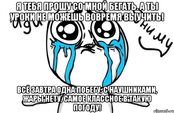 я тебя прошу со мной бегать. а ты уроки не можешь вовремя выучить! всё завтра одна побегу, с наушниками, жары нету, самое классное в такую погоду!, Мем Иди обниму