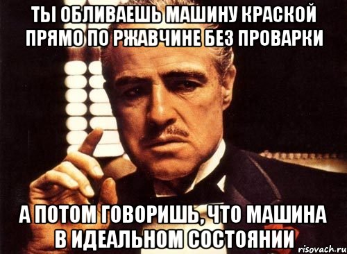 ты обливаешь машину краской прямо по ржавчине без проварки а потом говоришь, что машина в идеальном состоянии, Мем крестный отец