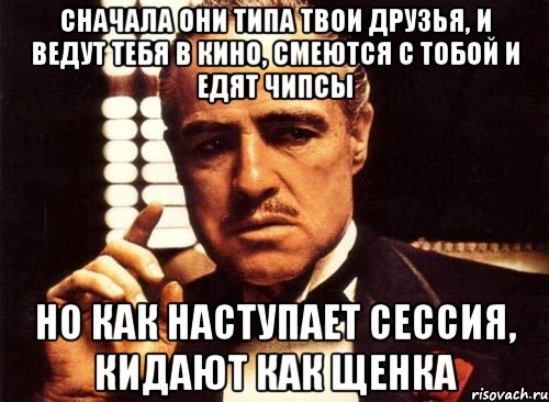 сначала они типа твои друзья, и ведут тебя в кино, смеются с тобой и едят чипсы но как наступает сессия, кидают как щенка, Мем крестный отец