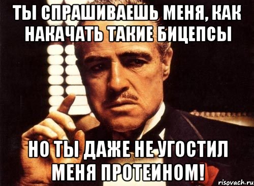 ты спрашиваешь меня, как накачать такие бицепсы но ты даже не угостил меня протеином!, Мем крестный отец