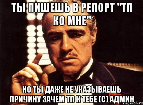 ты пишешь в репорт "тп ко мне" но ты даже не указываешь причину зачем тп к тебе (с) админ, Мем крестный отец