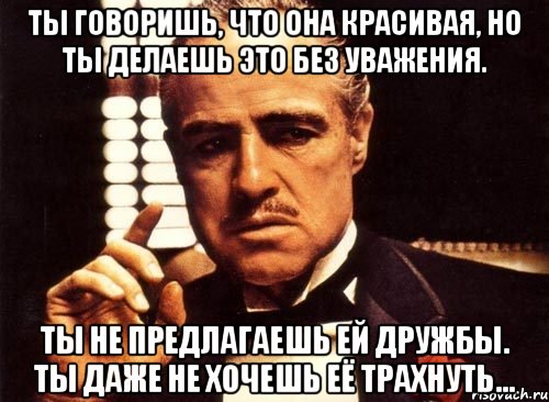 ты говоришь, что она красивая, но ты делаешь это без уважения. ты не предлагаешь ей дружбы. ты даже не хочешь её трахнуть..., Мем крестный отец