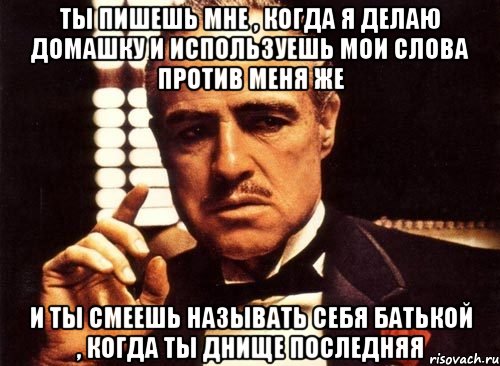 ты пишешь мне , когда я делаю домашку и используешь мои слова против меня же и ты смеешь называть себя батькой , когда ты днище последняя, Мем крестный отец