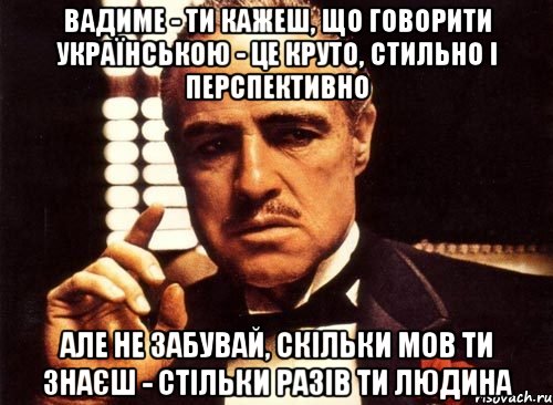 вадиме - ти кажеш, що говорити українською - це круто, стильно і перспективно але не забувай, скільки мов ти знаєш - стільки разів ти людина, Мем крестный отец