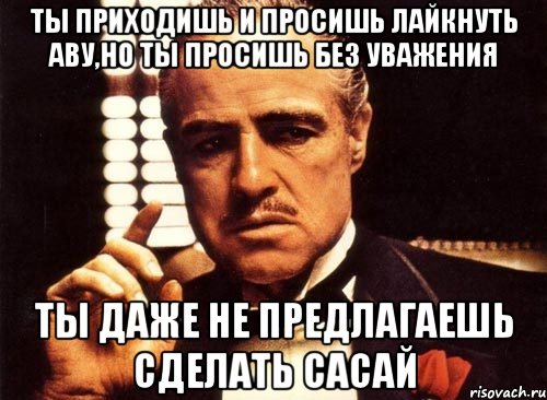 ты приходишь и просишь лайкнуть аву,но ты просишь без уважения ты даже не предлагаешь сделать сасай, Мем крестный отец