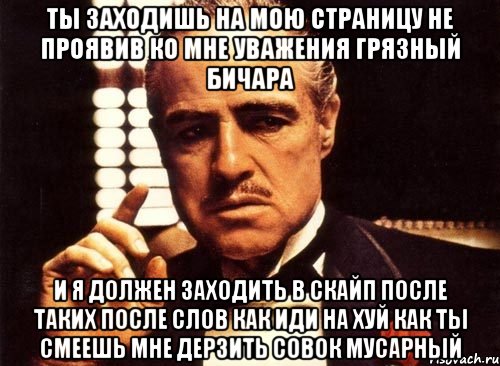 ты заходишь на мою страницу не проявив ко мне уважения грязный бичара и я должен заходить в скайп после таких после слов как иди на хуй как ты смеешь мне дерзить совок мусарный, Мем крестный отец