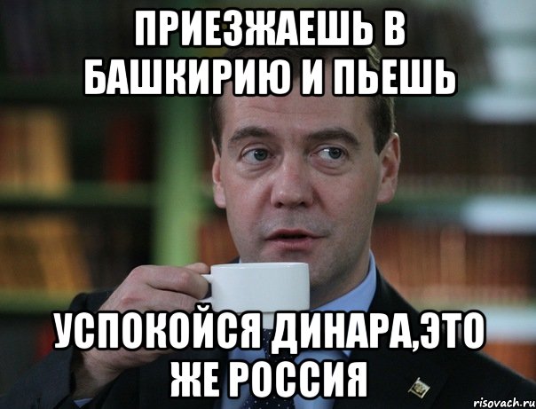 приезжаешь в башкирию и пьешь успокойся динара,это же россия, Мем Медведев спок бро