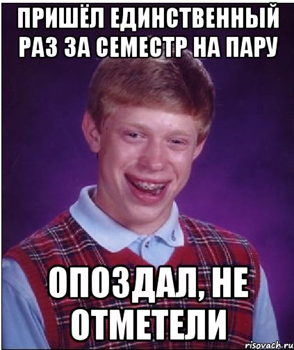 пришёл единственный раз за семестр на пару опоздал, не отметели, Мем Неудачник Брайан