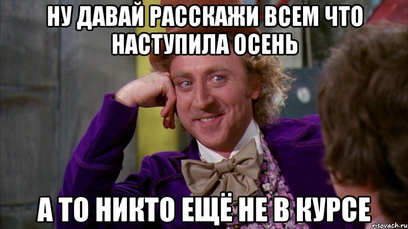 ну давай расскажи всeм что наступила осeнь а то никто eщё нe в курсe, Мем Ну давай расскажи (Вилли Вонка)