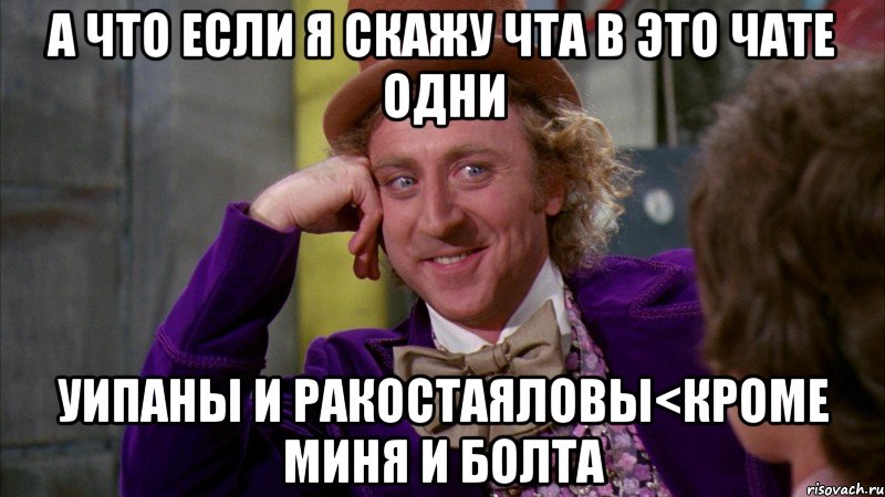 а что если я скажу чта в это чате одни уипаны и ракостаяловы<кроме миня и болта, Мем Ну давай расскажи (Вилли Вонка)