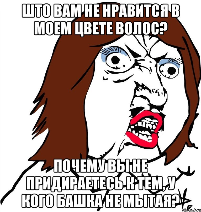 што вам не нравится в моем цвете волос? почему вы не придираетесь к тем, у кого башка не мытая?, Мем Ну почему (девушка)