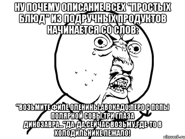 ну почему описание всех "простых блюд" из подручных продуктов начинается со слов: "возьмите филе оленины,авокадо,перо с попы полярной совы,три глаза динозавра..."да-да,сейчас возьму,где-то в холодильнике лежало!, Мем Ну почему (белый фон)