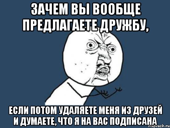 зачем вы вообще предлагаете дружбу, если потом удаляете меня из друзей и думаете, что я на вас подписана, Мем Ну почему