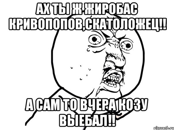 ах ты ж жиробас кривопопов,скатоложец!! а сам то вчера козу выебал!!, Мем Ну почему (белый фон)