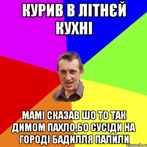 курив в літнєй кухні мамі сказав шо то так димом пахло,бо сусіди на городі бадилля палили, Мем Чоткий паца