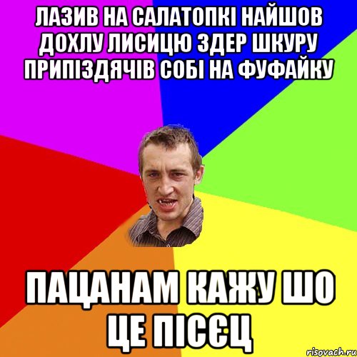 лазив на салатопкi найшов дохлу лисицю здер шкуру припiздячiв собi на фуфайку пацанам кажу шо це пiсєц, Мем Чоткий паца