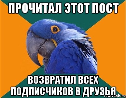 прочитал этот пост возвратил всех подписчиков в друзья, Мем Попугай параноик