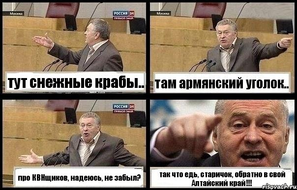 тут снежные крабы.. там армянский уголок.. про КВНщиков, надеюсь, не забыл? так что едь, старичок, обратно в свой Алтайский край!!!, Комикс с Жириновским