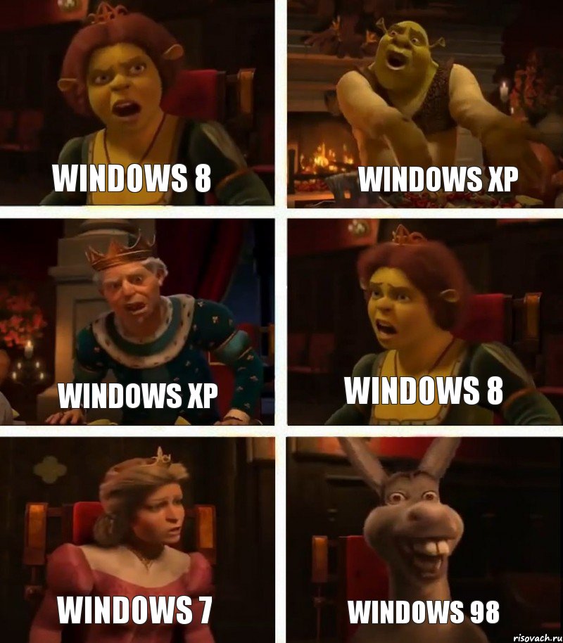 Windows 8 Windows XP windows 7 Windows XP Windows 8 Windows 98, Комикс  Шрек Фиона Гарольд Осел