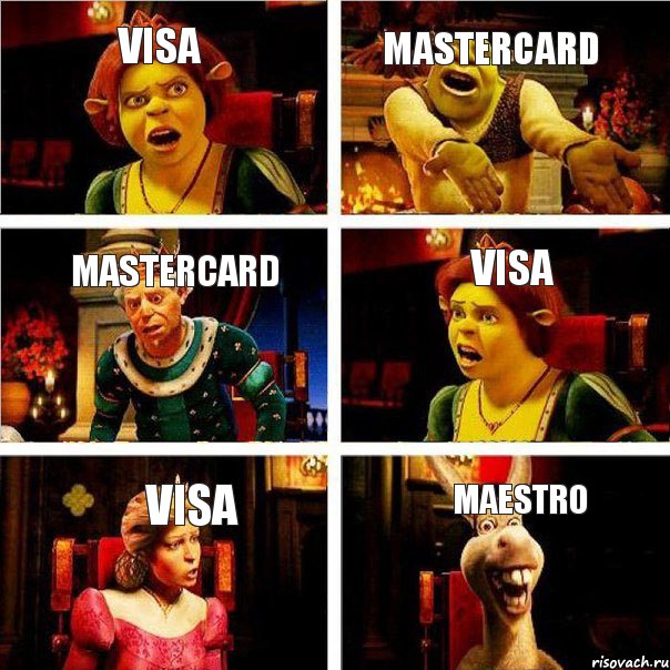 Visa Mastercard Mastercard Visa Visa Maestro, Комикс  Шрек Фиона Гарольд Осел