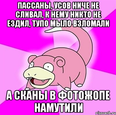 пассаны, усов ниче не сливал, к нему никто не ездил, тупо мыло взломали а сканы в фотожопе намутили, Мем слоупок