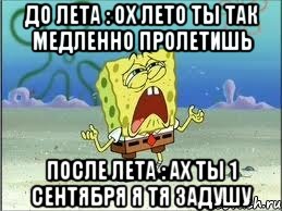 до лета : ох лето ты так медленно пролетишь после лета : ах ты 1 сентября я тя задушу, Мем Спанч Боб плачет