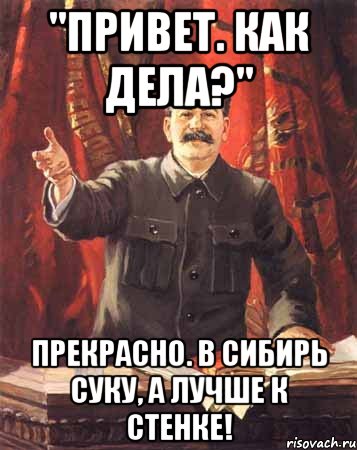 "привет. как дела?" прекрасно. в сибирь суку, а лучше к стенке!, Мем  сталин цветной