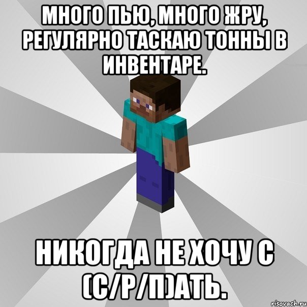 много пью, много жру, регулярно таскаю тонны в инвентаре. никогда не хочу с (с/р/п)ать., Мем Типичный игрок Minecraft