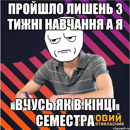 пройшло лишень 3 тижні навчання а я вчусь як в кінці семестра, Мем Типовий одинадцятикласник