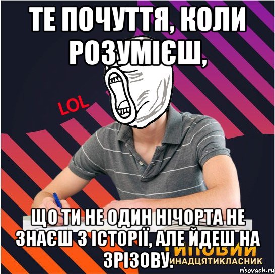 те почуття, коли розумієш, що ти не один нічорта не знаєш з історії, але йдеш на зрізову.