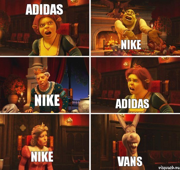 ADIDAS NIKE NIKE ADIDAS NIKE VANS, Комикс  Шрек Фиона Гарольд Осел