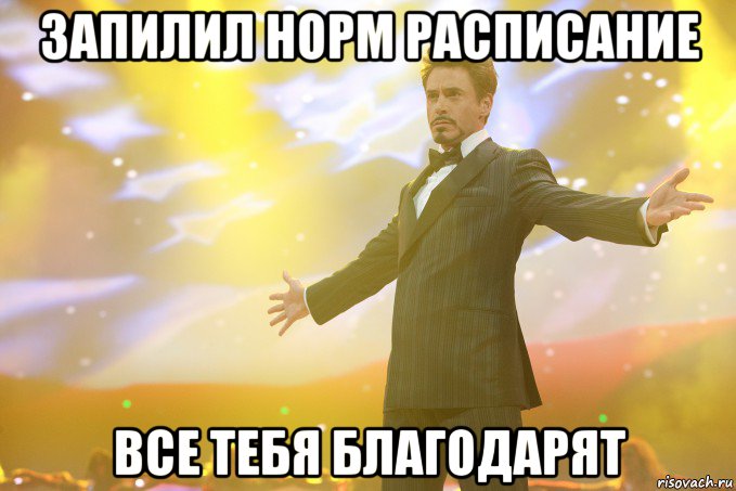 запилил норм расписание все тебя благодарят, Мем Тони Старк (Роберт Дауни младший)