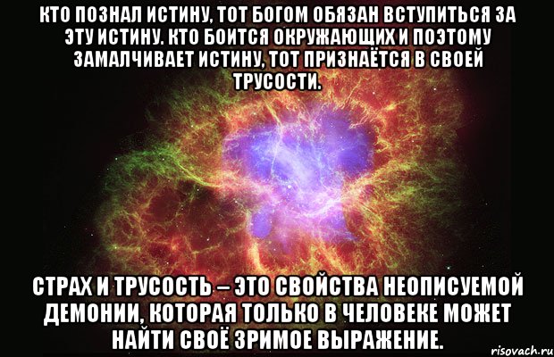 кто познал истину, тот богом обязан вступиться за эту истину. кто боится окружающих и поэтому замалчивает истину, тот признаётся в своей трусости. страх и трусость – это свойства неописуемой демонии, которая только в человеке может найти своё зримое выражение., Мем Туманность