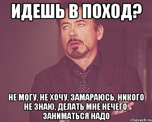 идешь в поход? не могу, не хочу, замараюсь, никого не знаю, делать мне нечего, заниматься надо, Мем твое выражение лица