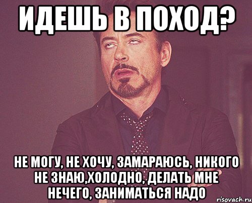 идешь в поход? не могу, не хочу, замараюсь, никого не знаю,холодно, делать мне нечего, заниматься надо, Мем твое выражение лица