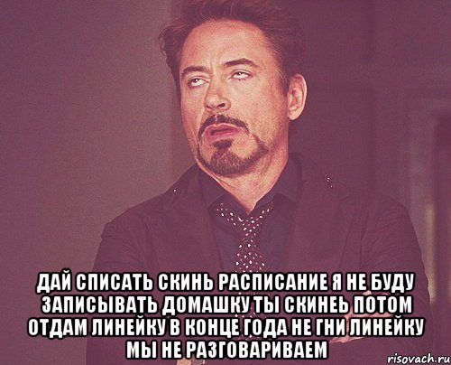  дай списать скинь расписание я не буду записывать домашку ты скинеь потом отдам линейку в конце года не гни линейку мы не разговариваем, Мем твое выражение лица